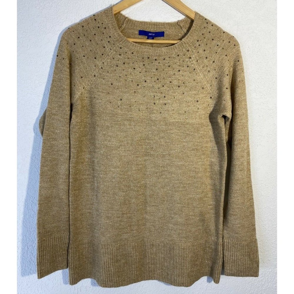 Apt. 9 Women Size M Pullover Sweater Top Camel Crewneck Shimmer Rhinestones New